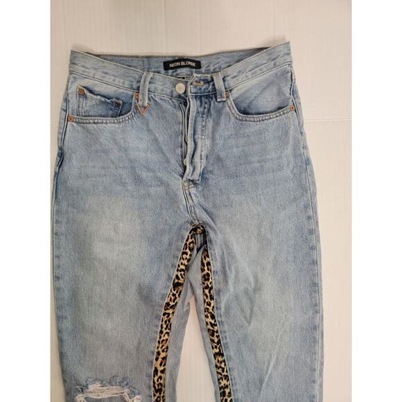 NEON BLONDE Light Blue Straight Leg Jeans with Leopard Detail - Picture 4 of 15